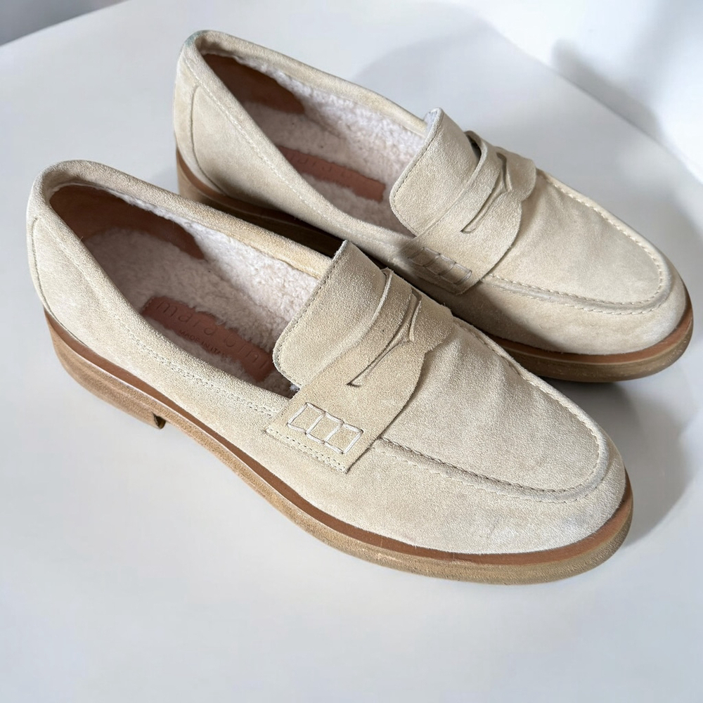 MARA BINI RENNA LOAFER IN BEIGE SUEDE FAUX FUR LINED LUG SOLE SIZE 39 EU Or 9 US